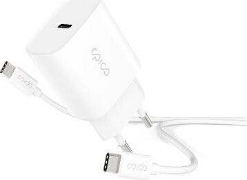 Epico 20 W PD sieťová nabíjačka s 1,2 m USB-C na USB-C káblom – biela