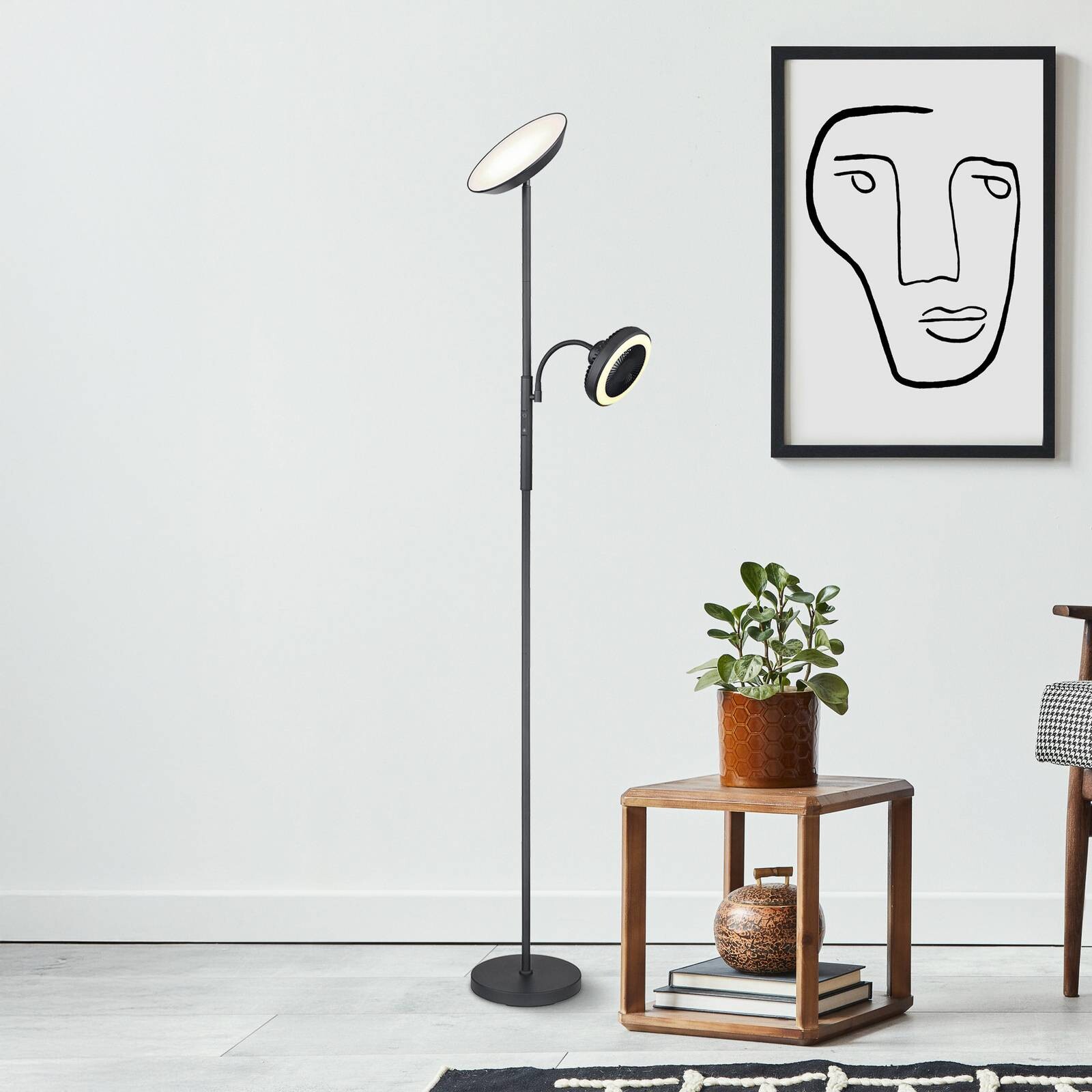 LED stojacia lampa Davyd, čierna, 178 cm, lampa na citanie, ventilátor