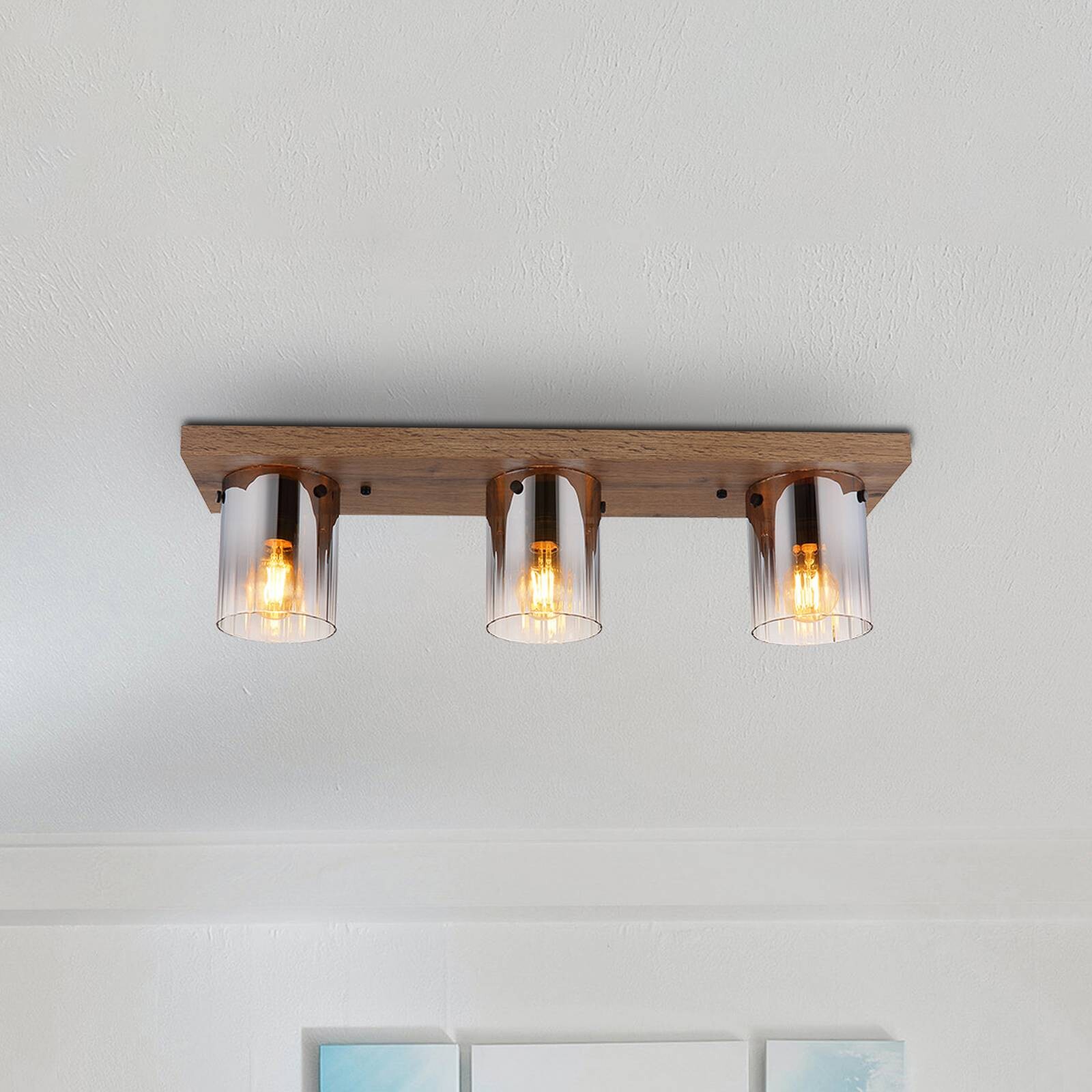 Stropné svietidlo Underwood, dĺžka 71 cm, hnedá/dymovo sivá, MDF