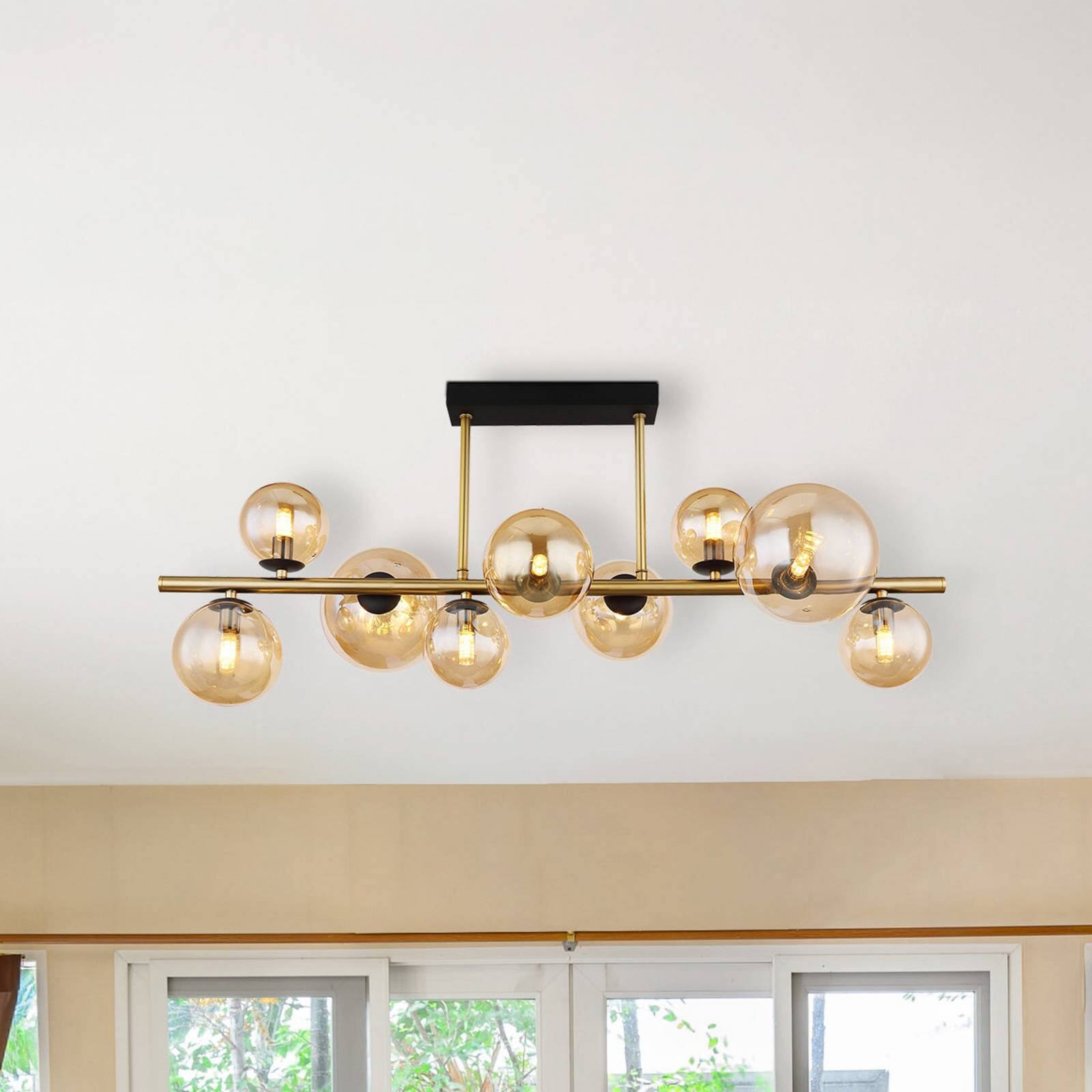 Stropné svietidlo Riha, dĺžka 87 cm, jantárová/mosadzová farba, 9-pl.