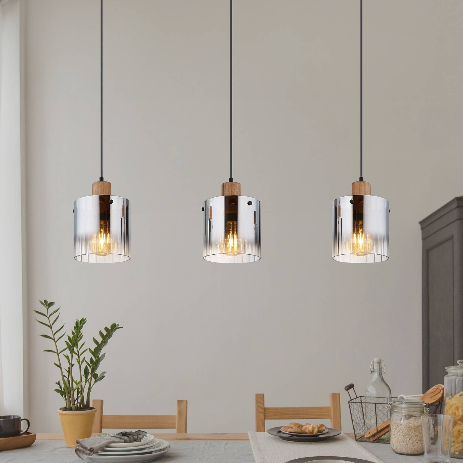 Závesné svietidlo Underwood, dĺžka 100 cm, hnedá/dymovo sivá, MDF