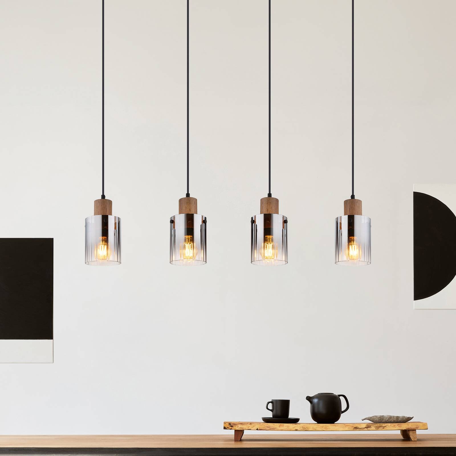 Závesné svietidlo Underwood, dĺžka 105 cm, hnedá/dymovo sivá, MDF