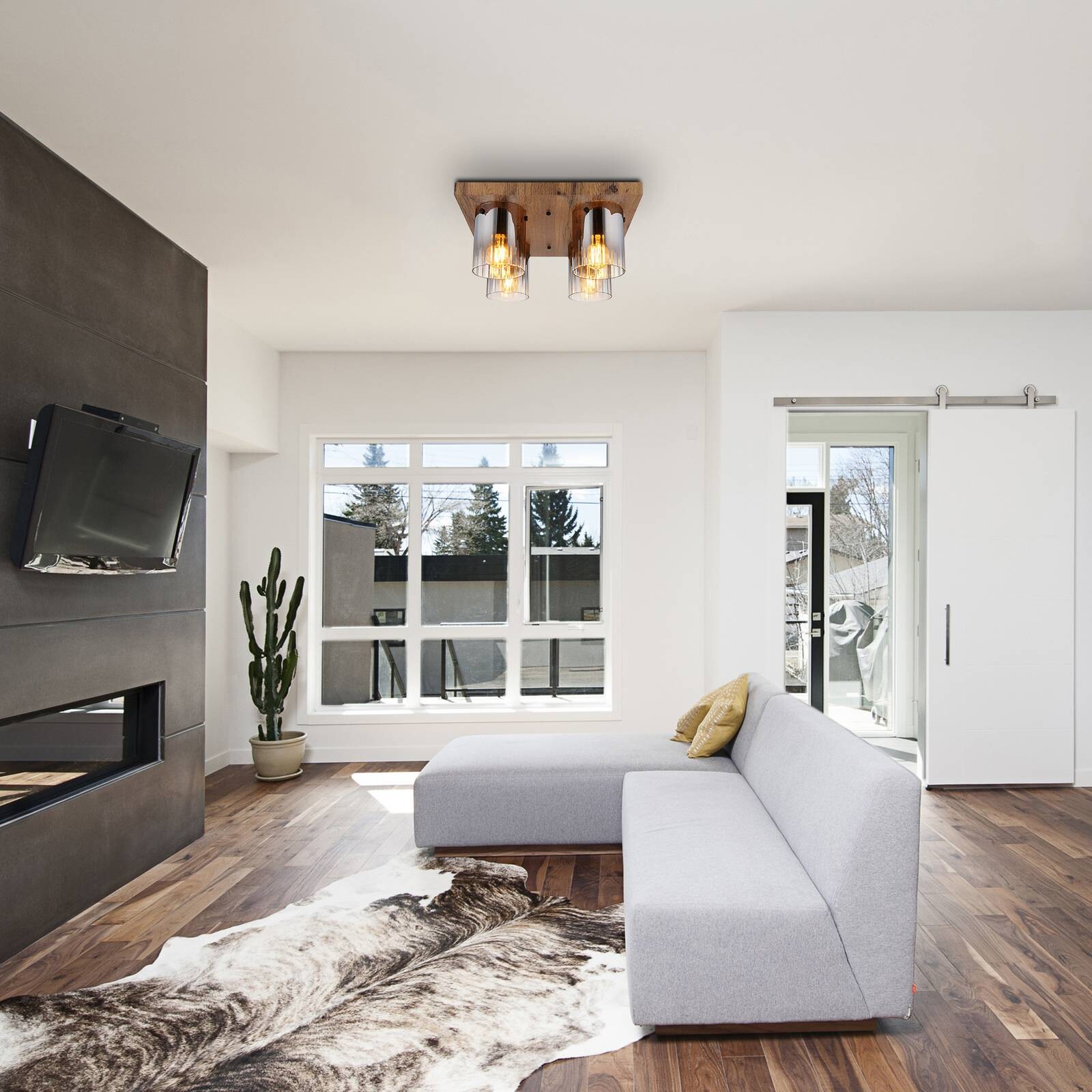 Stropné svietidlo Underwood, dĺžka 41 cm, hnedá/dymovo sivá, MDF