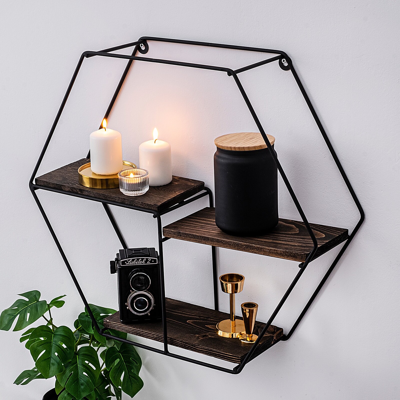 Nástěnná police NARCISSUS z masivu černá/ořech