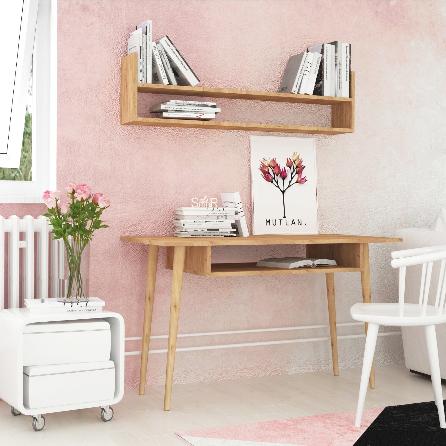 Psací stůl Muty s nástěnnou policí zlatý dub