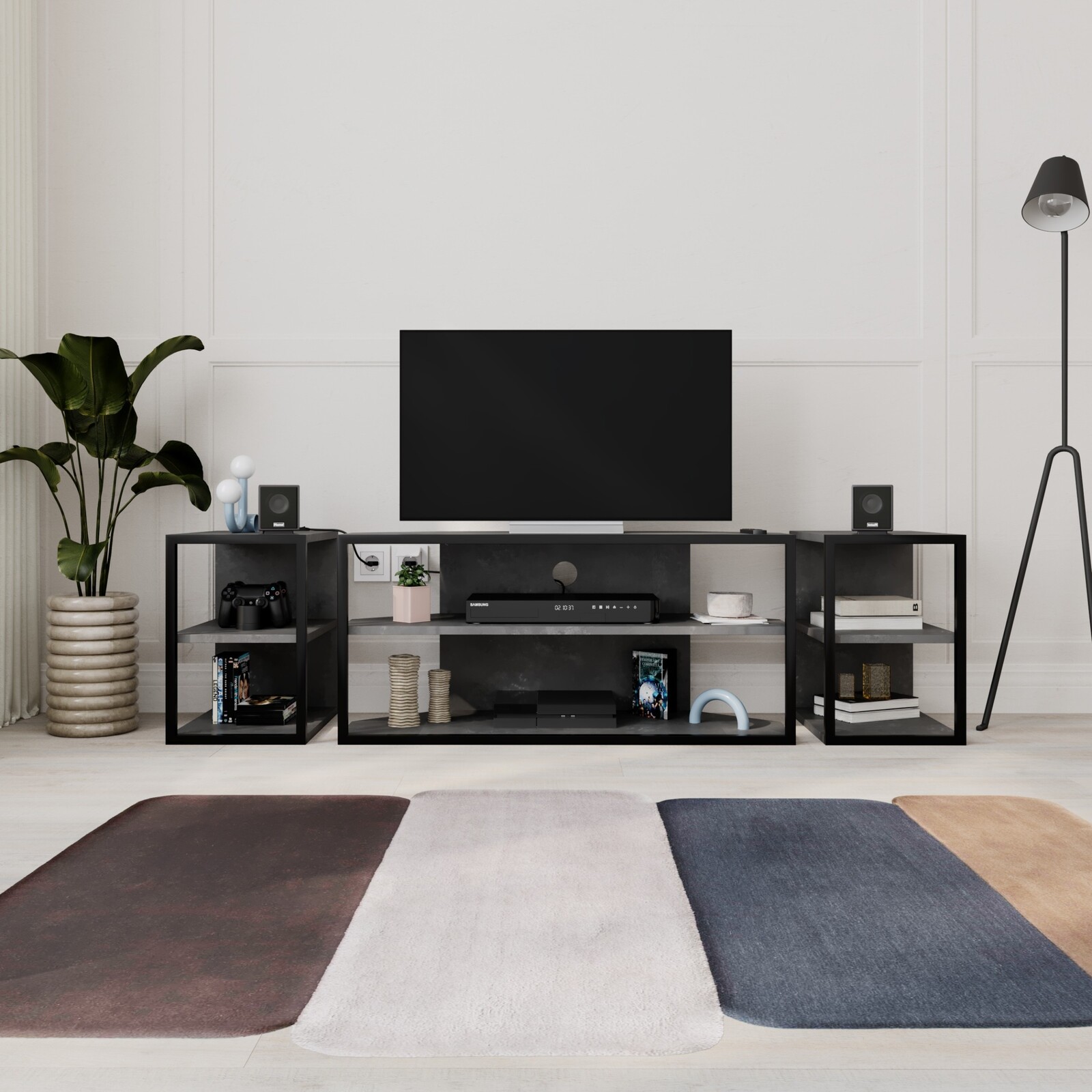 Súprava TV stolíka + 2 bočné stolíky Houseland Echo retro sievá/čierna