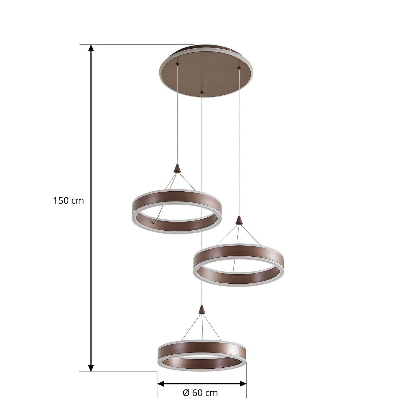Lucande LED závesné svietidlo Kolo, hnedé, 3-pl., stmievateľné