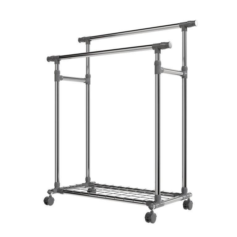Kovový stojan na oblečenie na kolieskach, 2 tyče + police
