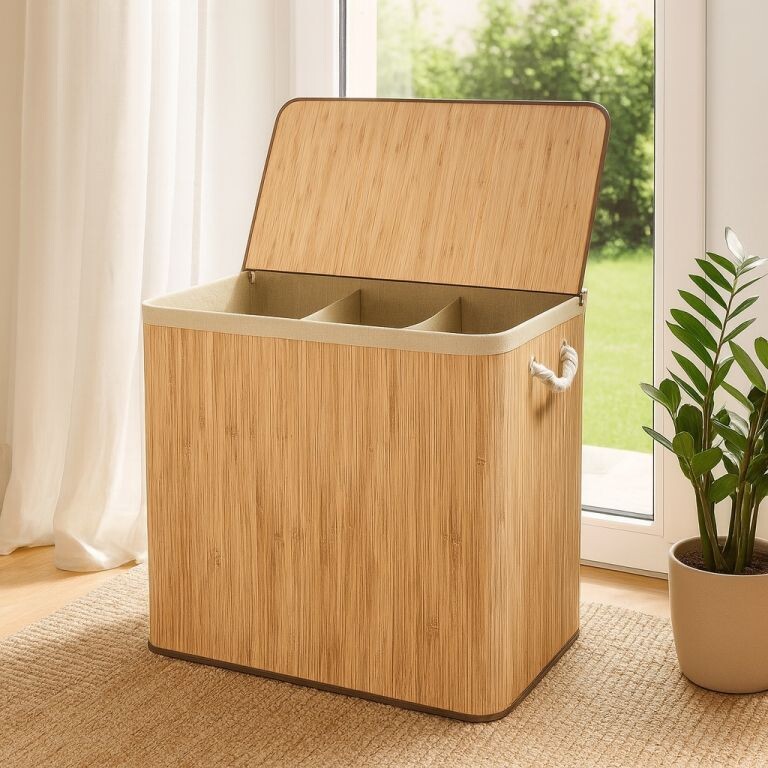 Veľký bambusový kôš na bielizeň 150 l s vekom, trojkomorový