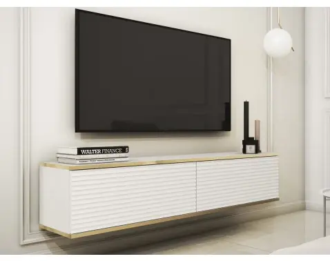 Závesná TV skrinka Orfeo, 135 cm, biela štruktúra/zlatá%