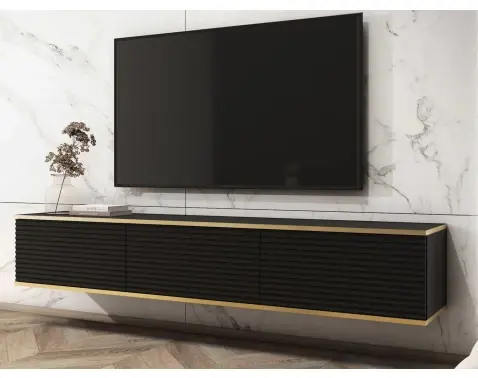 Závesná TV skrinka Orfeo, 175 cm, čierna štruktúra / zlatá%