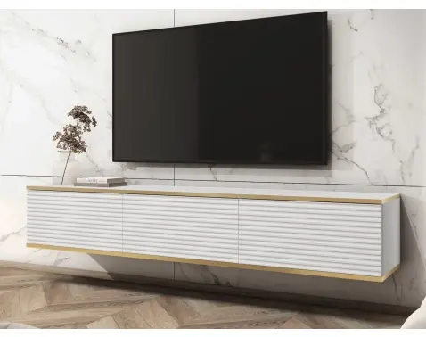Závesná TV skrinka Orfeo, 175 cm, biela štruktúra/zlatá%