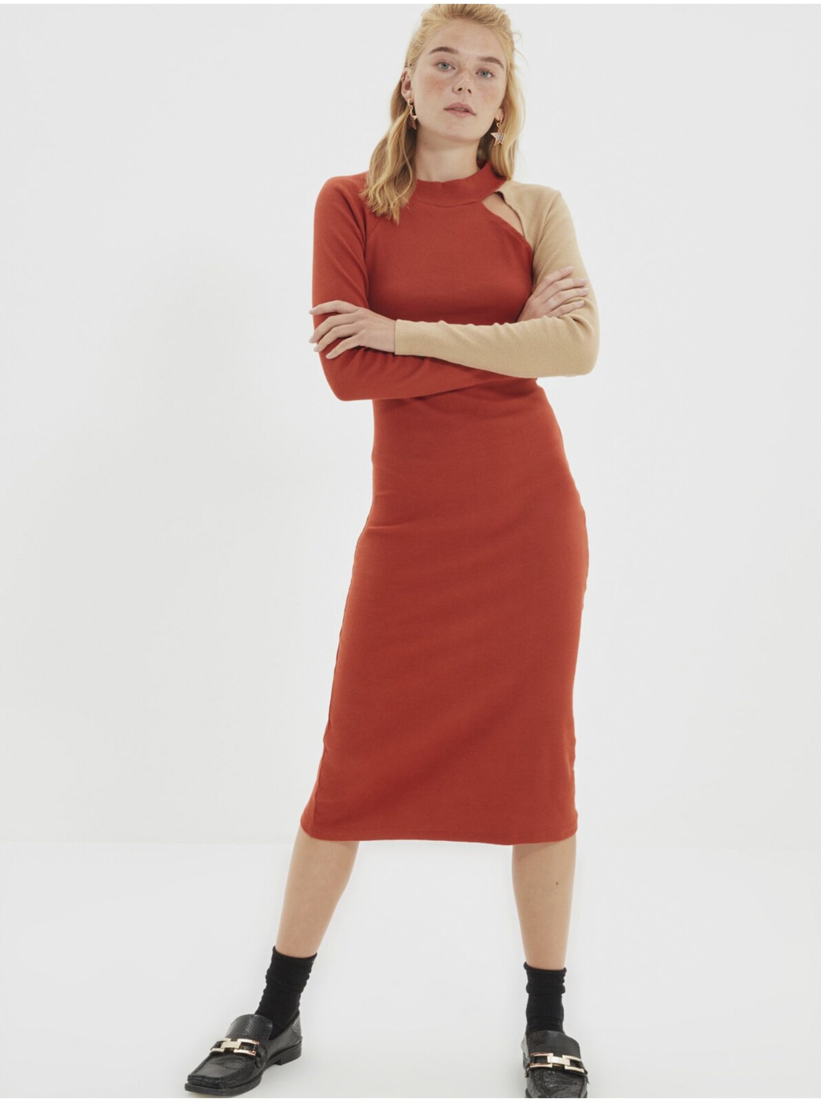 Brick sheath sweater midi dress with cut-out Trendyol - Women's
