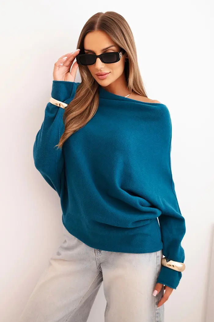 Kesi Włoski Dámsky asymetrický viskózový sveter netopier modrozelený