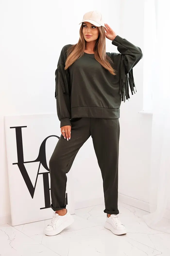 Kesi Włoski Dámsky komplet maslový s strapcami na rukávoch khaki