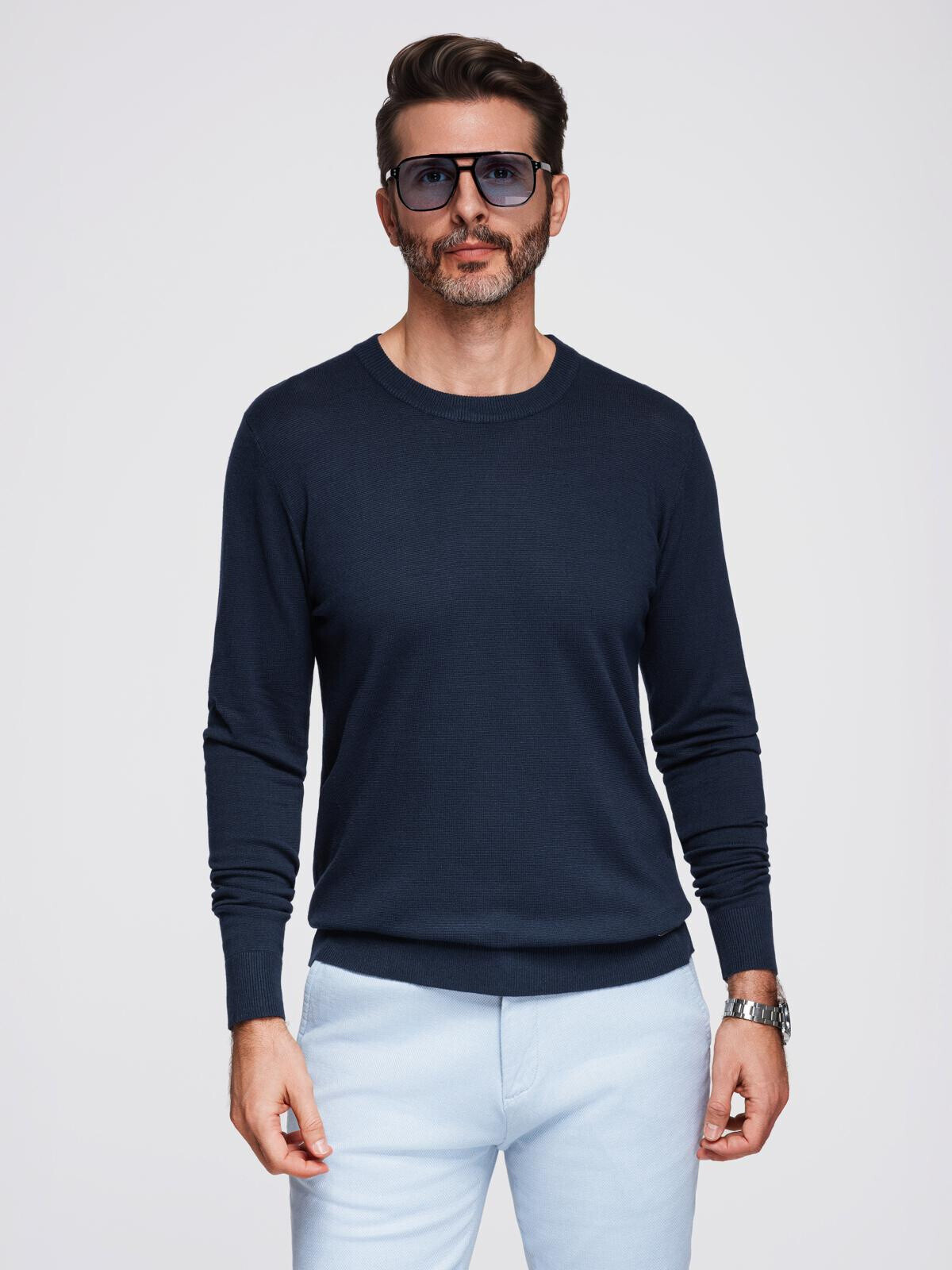 Ombre Men's sweater with round neckline in stretch knit with classic weave - navy blue