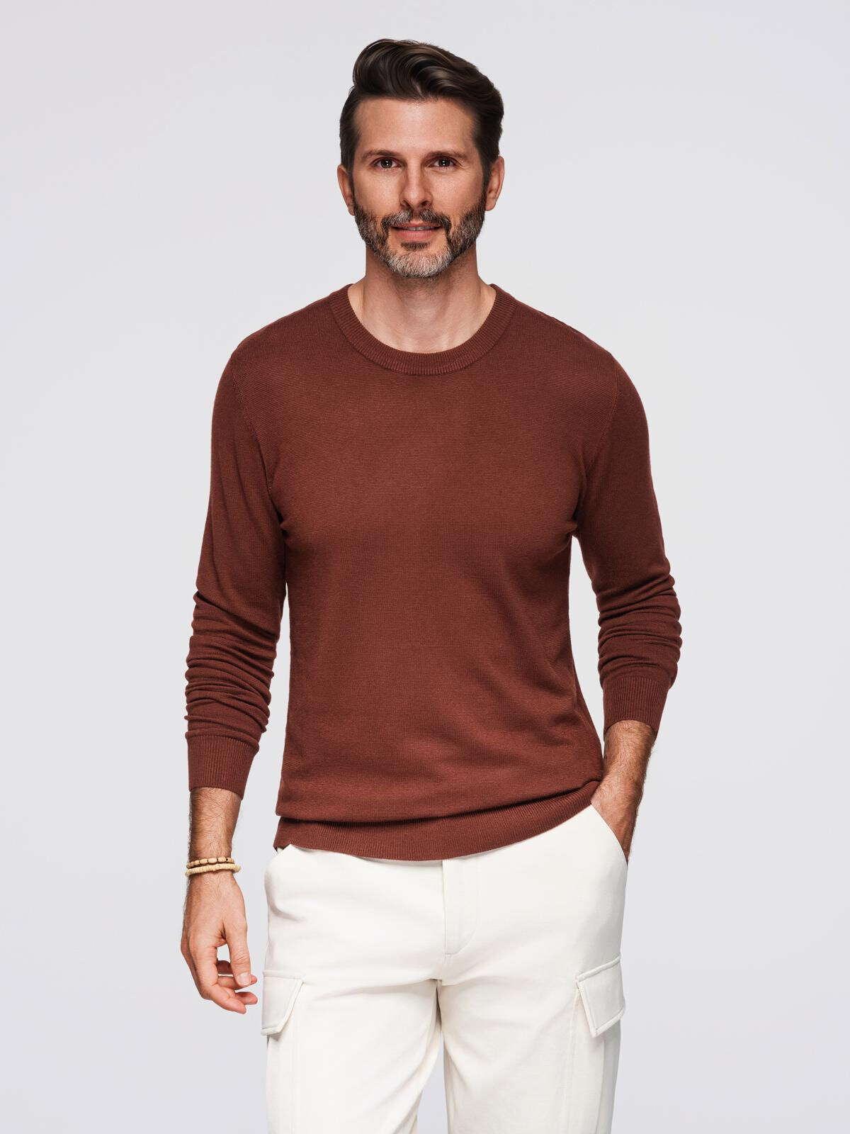 Ombre Men's sweater with round neckline in stretch knit with classic weave - maroon