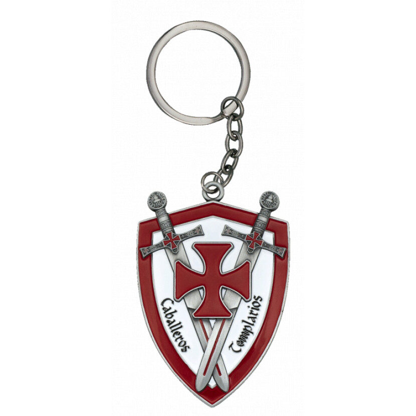 Kľúčenka s templárskym motívom Štít a skrížené meče - strieborná-farebná