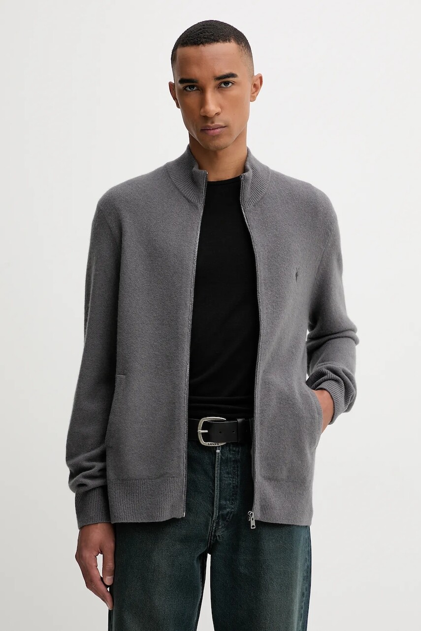 Vlnená mikina AllSaints STATTEN šedá farba, jednofarebná, M073KB