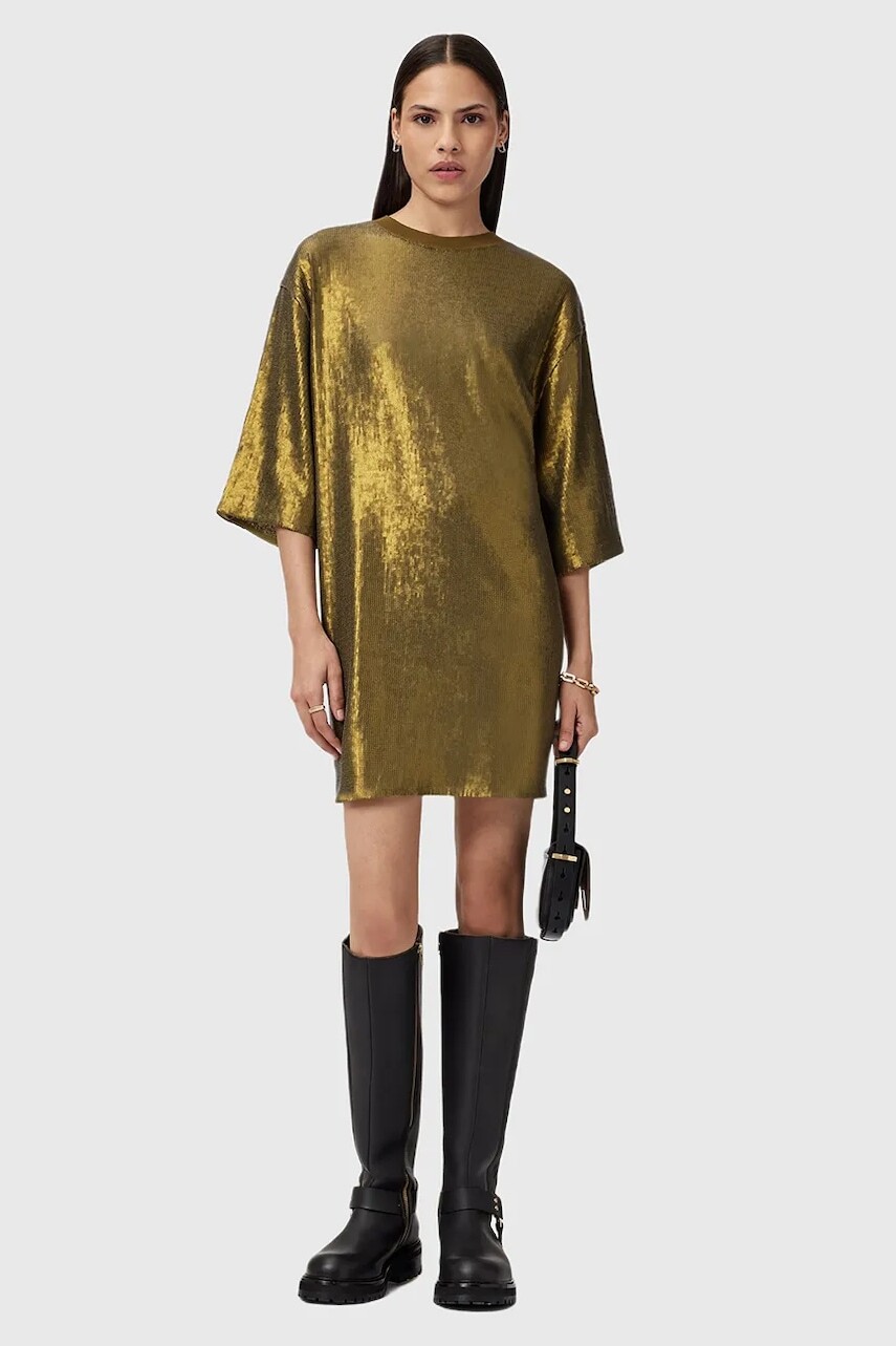 Šaty AllSaints OPAL LOGO DRESS strieborná farba, mini, oversize, W185DB