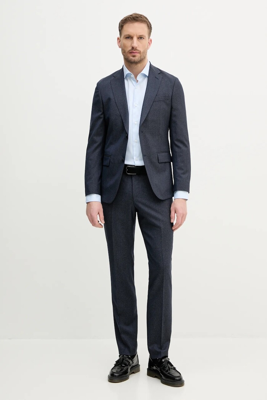 Vlnený oblek BOSS pánsky, tmavomodrá farba, melanžová, 50540774