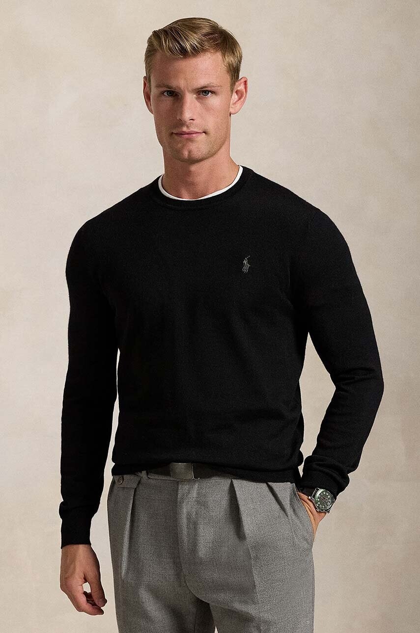 Vlnený sveter Polo Ralph Lauren Merino Wool pánsky, čierna farba, tenký, 710946143004