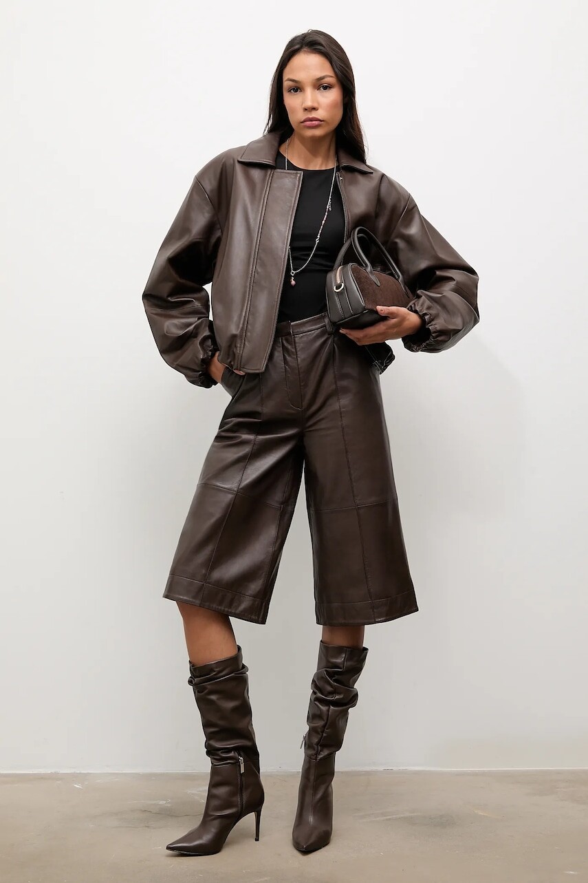 Kožená bunda Answear.LAB hnedá farba, prechodná, oversize