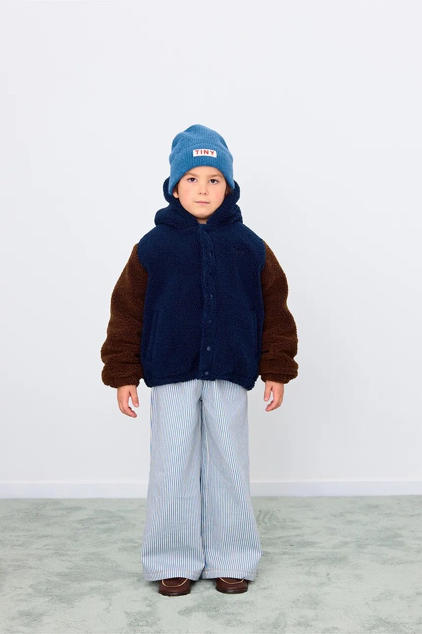 Detská bunda Tinycottons COLOR BLOCK POLAR SHERPA HOODIE tmavomodrá farba, AW25-362