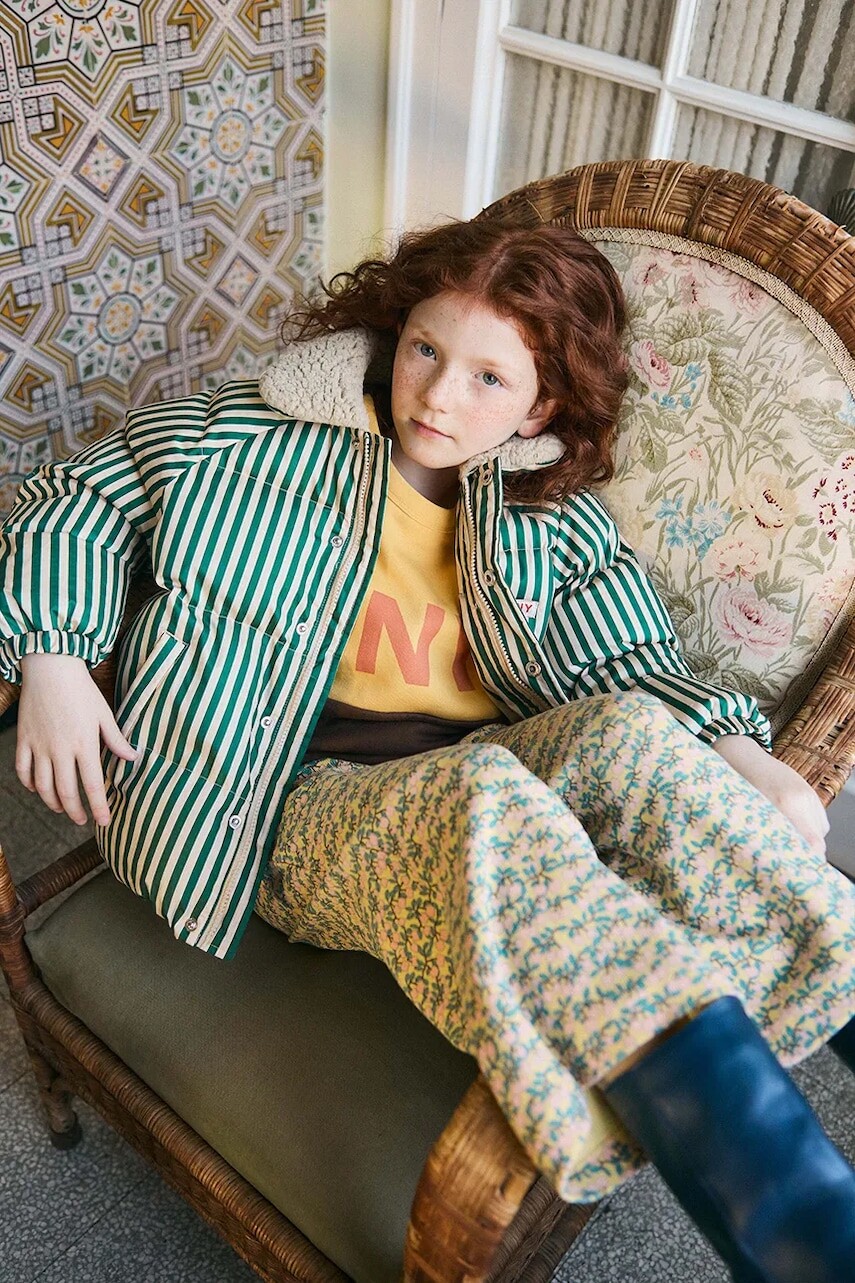 Detská bunda Tinycottons GREEN STRIPES PADDED JACKET zelená farba, AW25-143