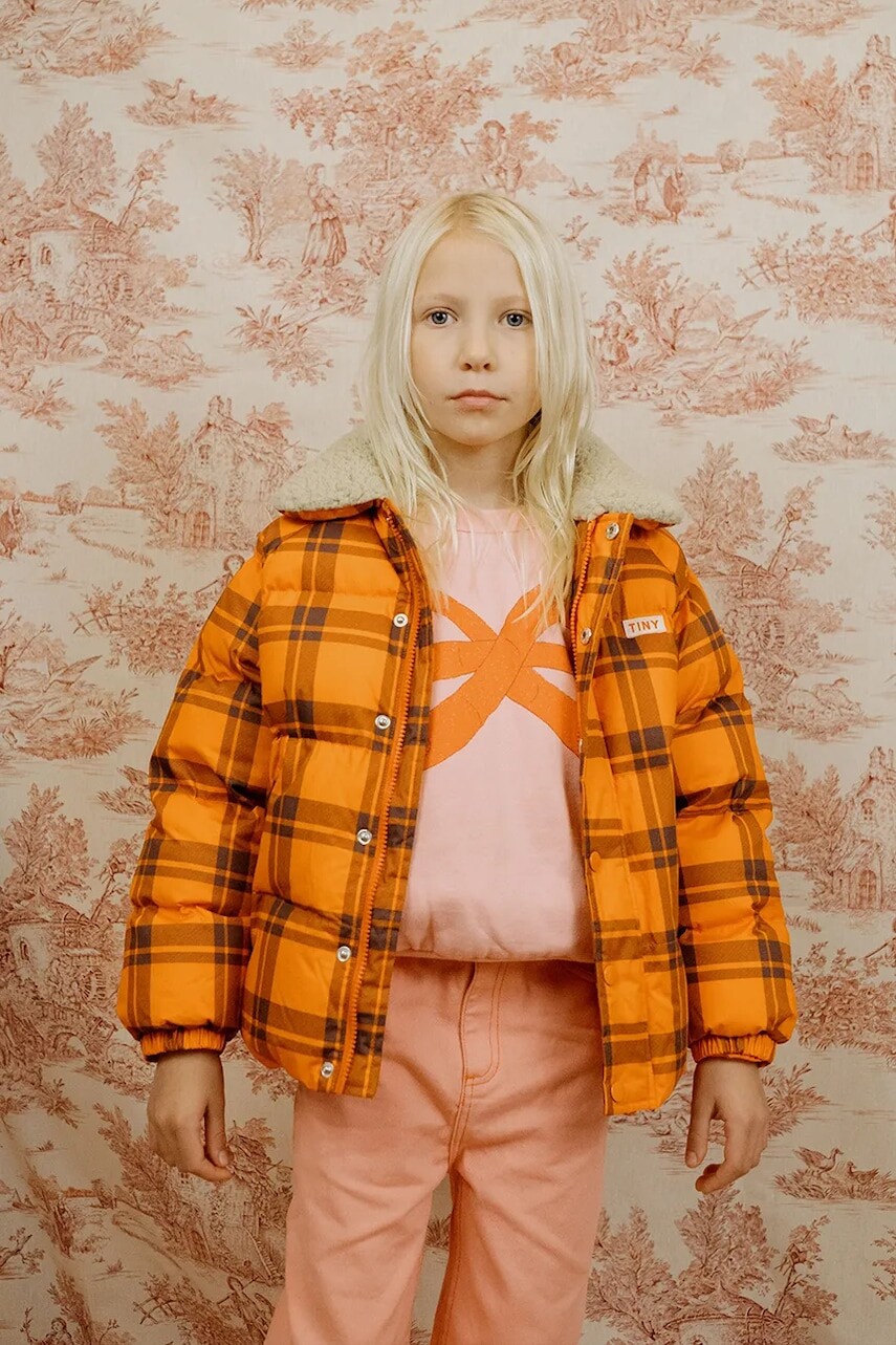 Detská bunda Tinycottons CHECK PADDED JACKET oranžová farba, AW25-145