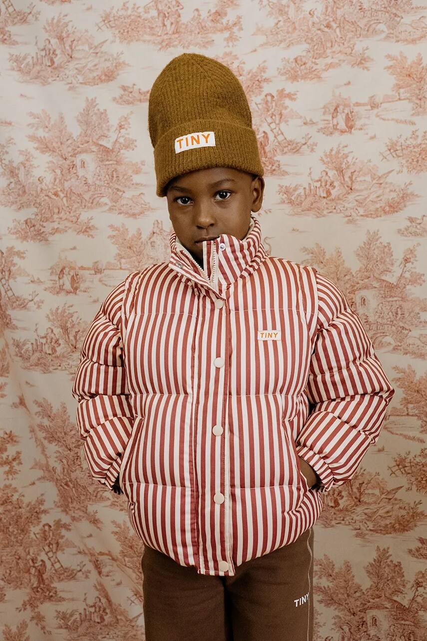 Detská bavlnená bunda Tinycottons STRIPES SHORT PADDED JACKET ružová farba, AW25-484