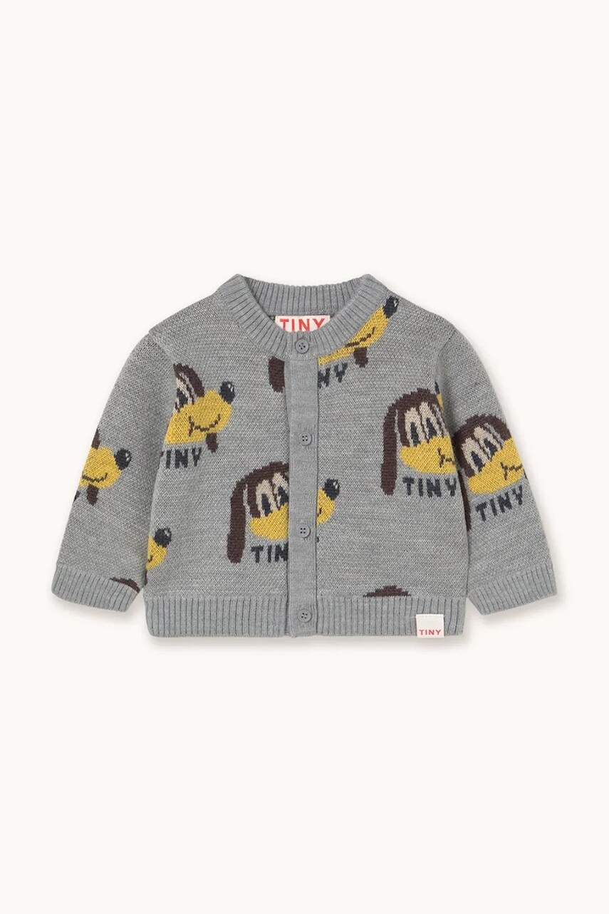 Kardigán pre bábätká Tinycottons DOGS BABY CARDIGAN šedá farba, AW25-094