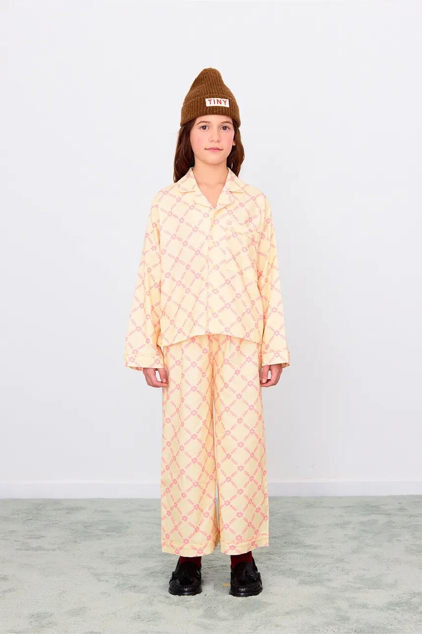 Detské bavlnené pyžamo Tinycottons FLOWER GRID SET béžová farba, vzorované, AW25-346