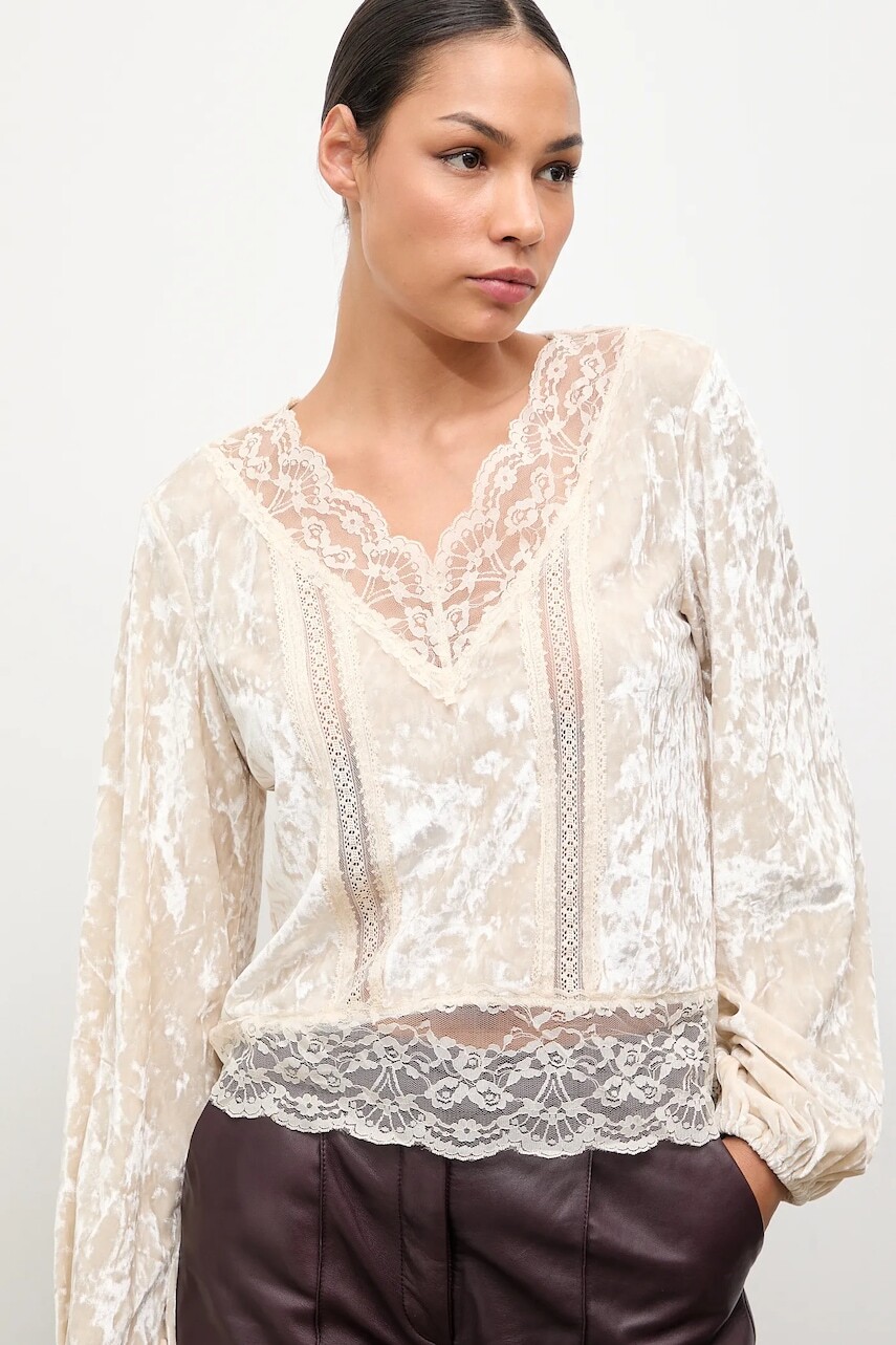 Zamatová blúzka Answear.LAB béžová farba, jednofarebná