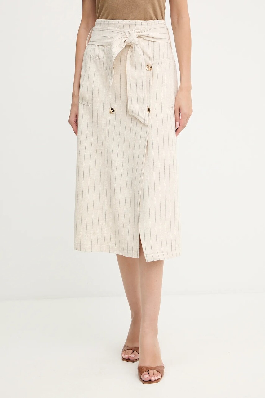 Ľanová sukňa Morgan béžová farba, midi, rovný strih, JRIZ.F