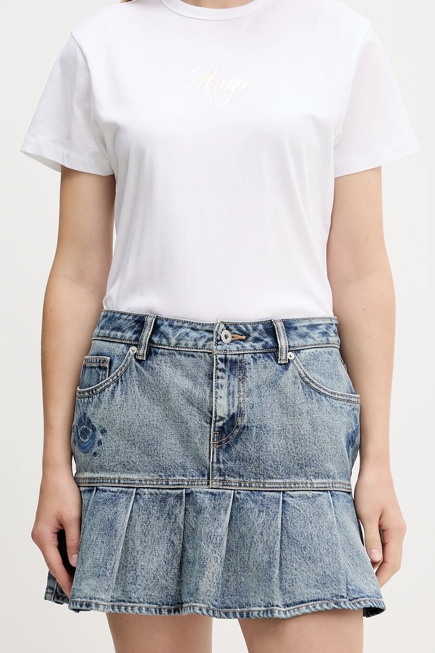 Rifľová sukňa Hugo Blue modrá farba, mini, áčkový strih, 50546318