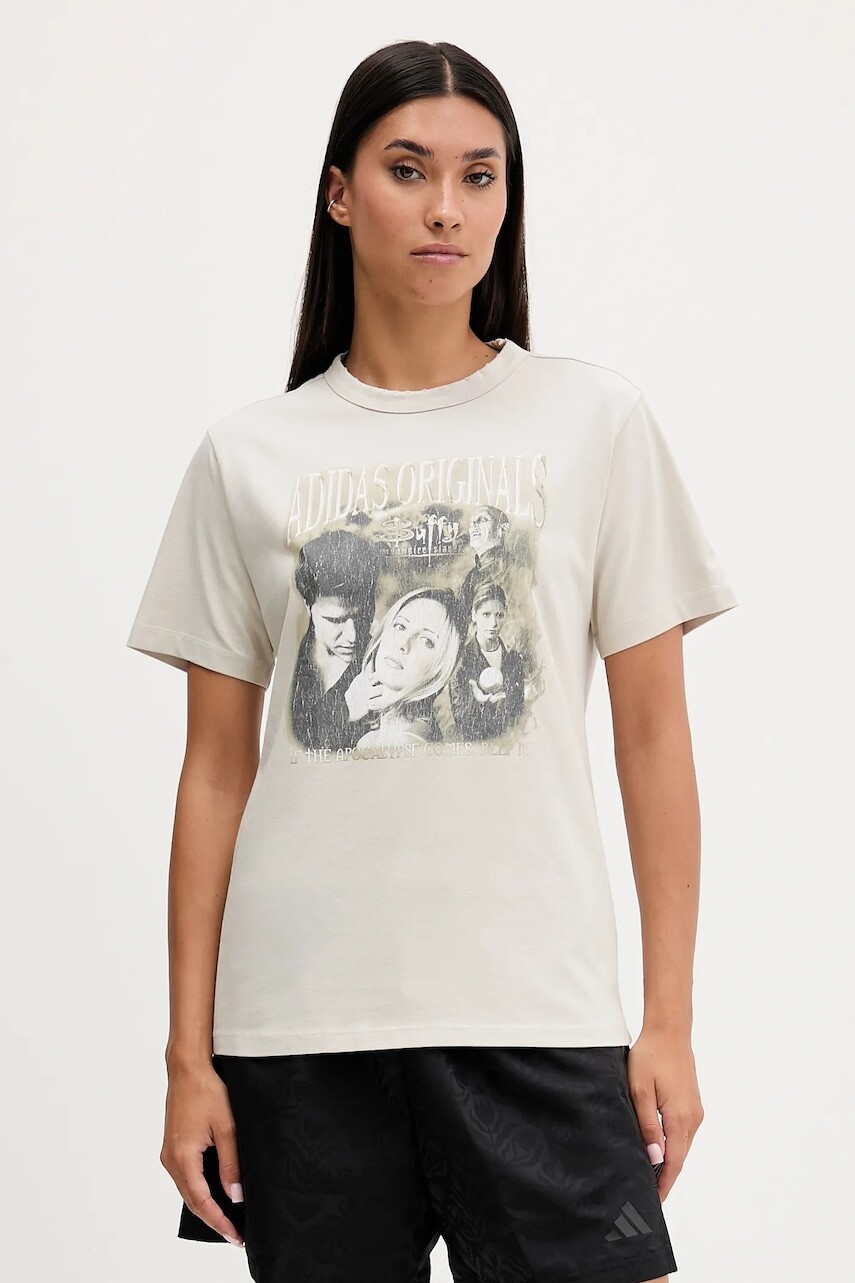 Bavlnené tričko adidas Originals 20th Century Fox Disney dámske, béžová farba, JX1282