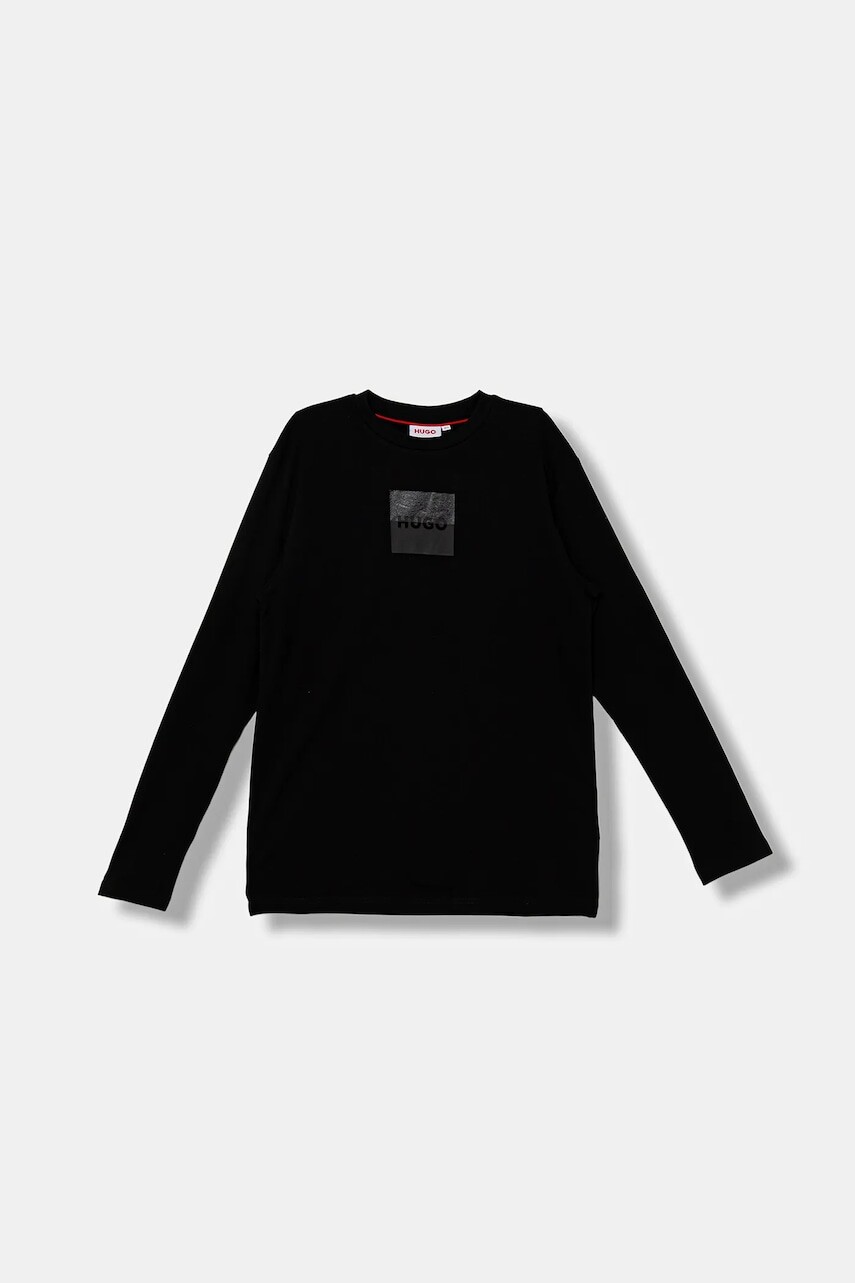 Detská bavlnená košeľa s dlhým rukávom HUGO čierna farba, s potlačou, G00437