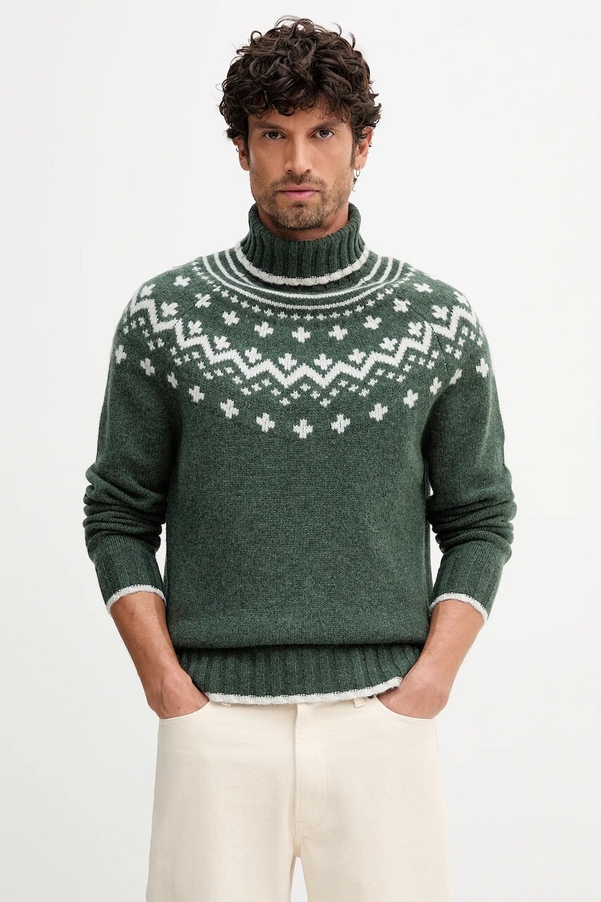 Vlnený sveter Barbour HEWTON zelená farba, teplý, s rolákom, MKN1672