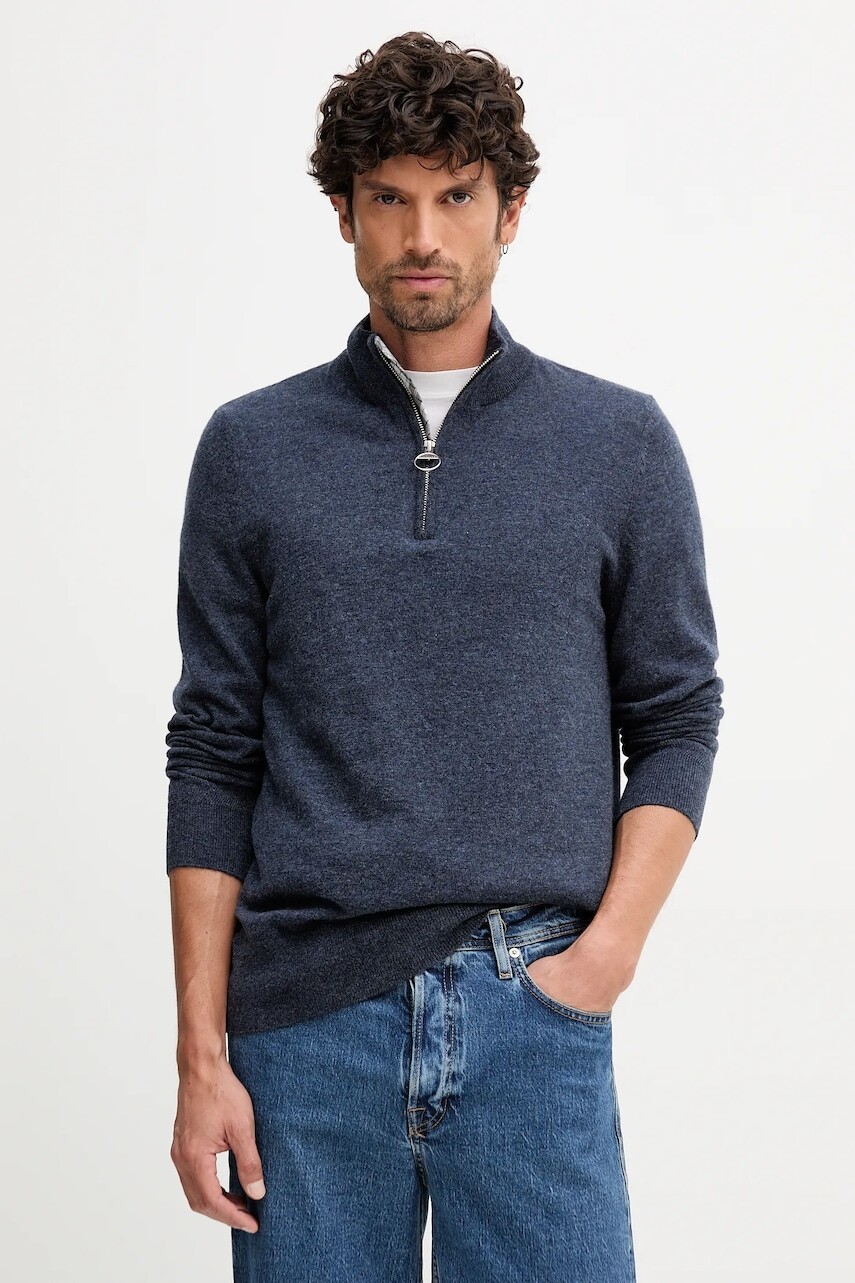 Vlnený sveter Barbour WATERBURY tmavomodrá farba, s polorolákom, MKN1663