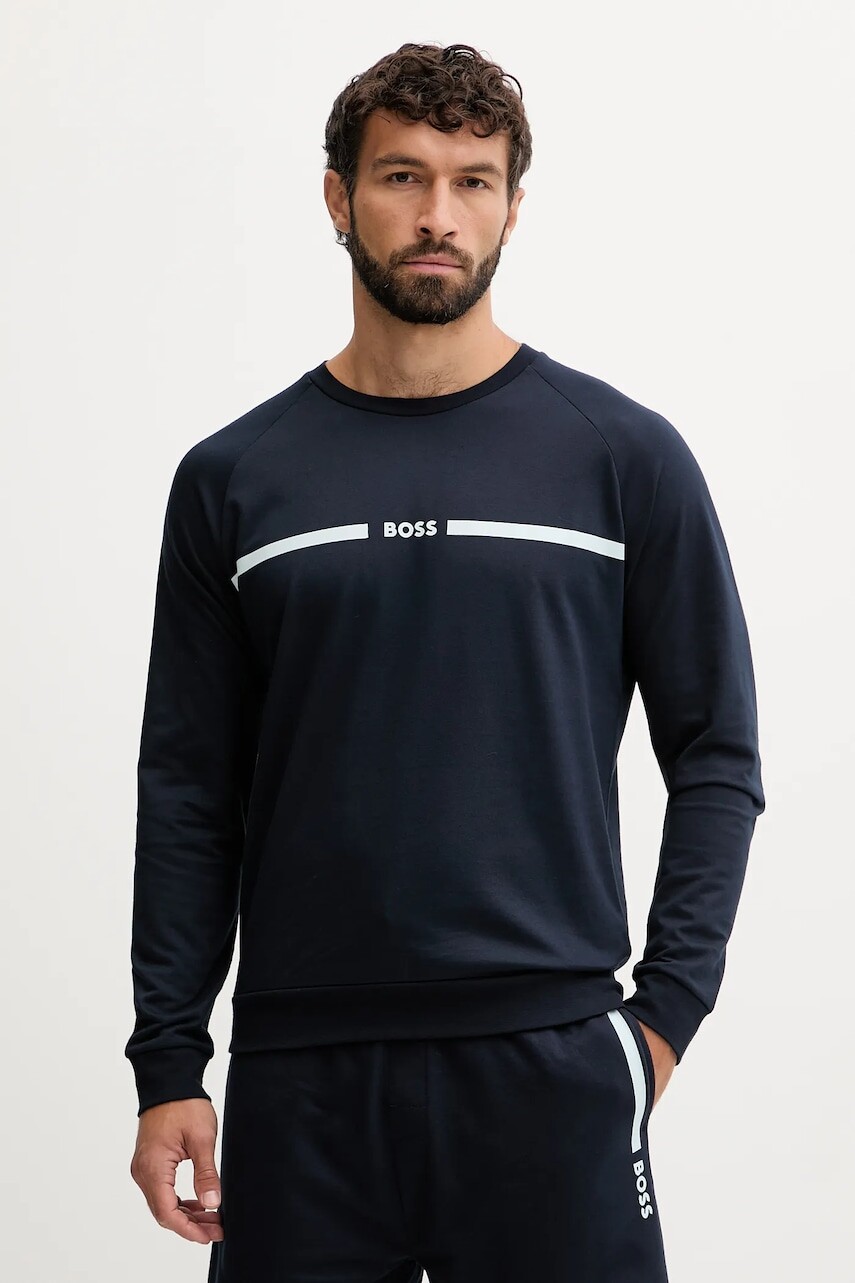 Bavlnená mikina BOSS tmavomodrá farba, s potlačou, 50550560