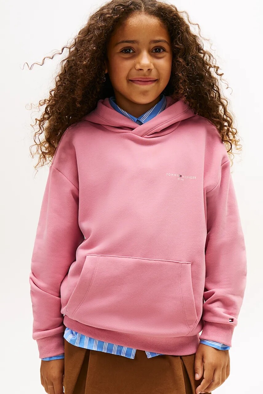 Detská mikina Tommy Hilfiger ružová farba, s kapucňou, jednofarebná, KS0KS00660