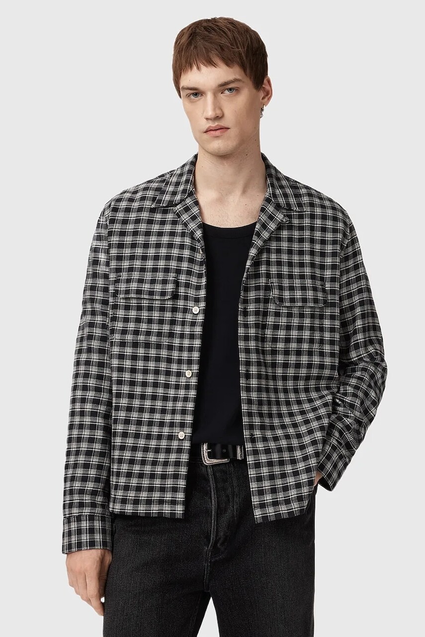 Bavlnená košeľa AllSaints HORTON čierna farba, regular, M035SD