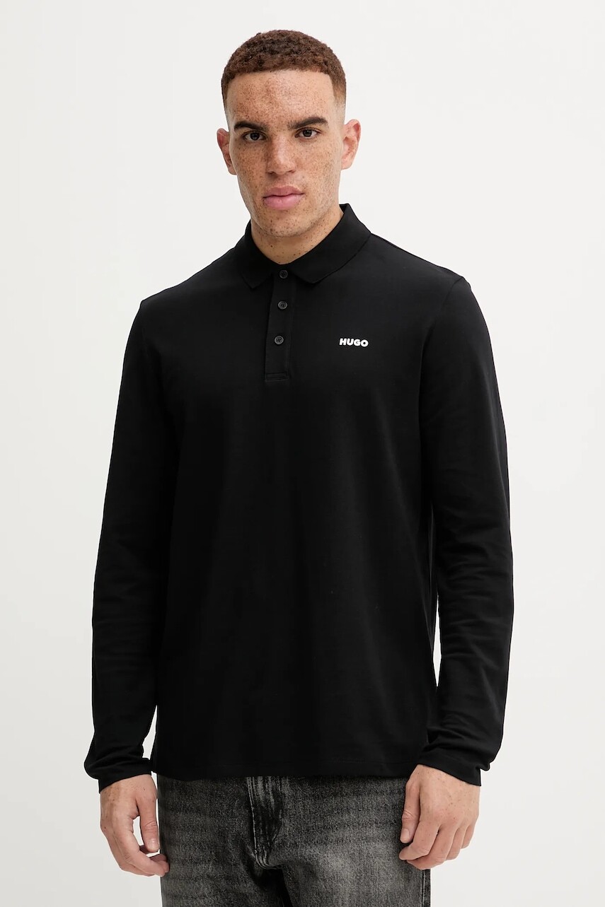 Bavlnené tričko s dlhým rukávom HUGO čierna farba, s potlačou, 50547358