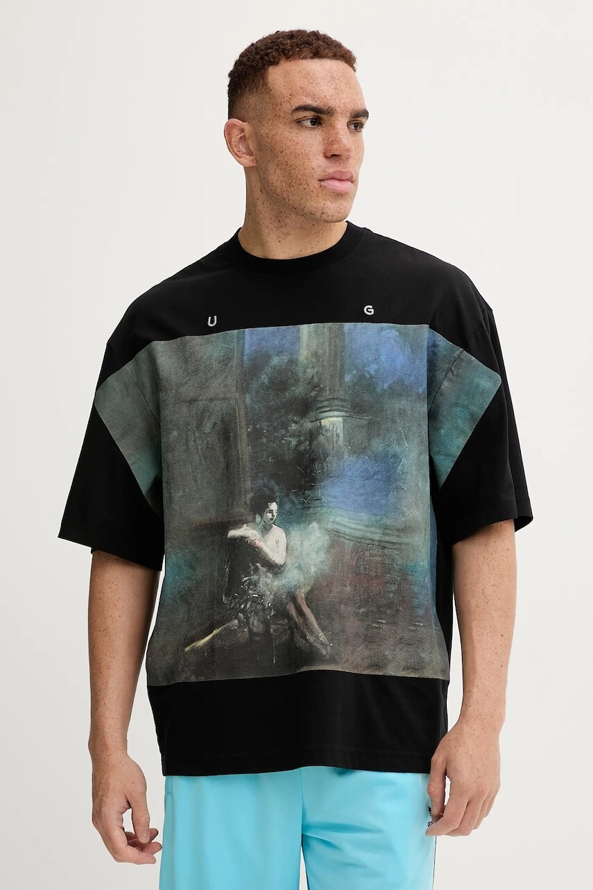 Bavlnené tričko HUGO pánske, čierna farba, s potlačou, 50546007