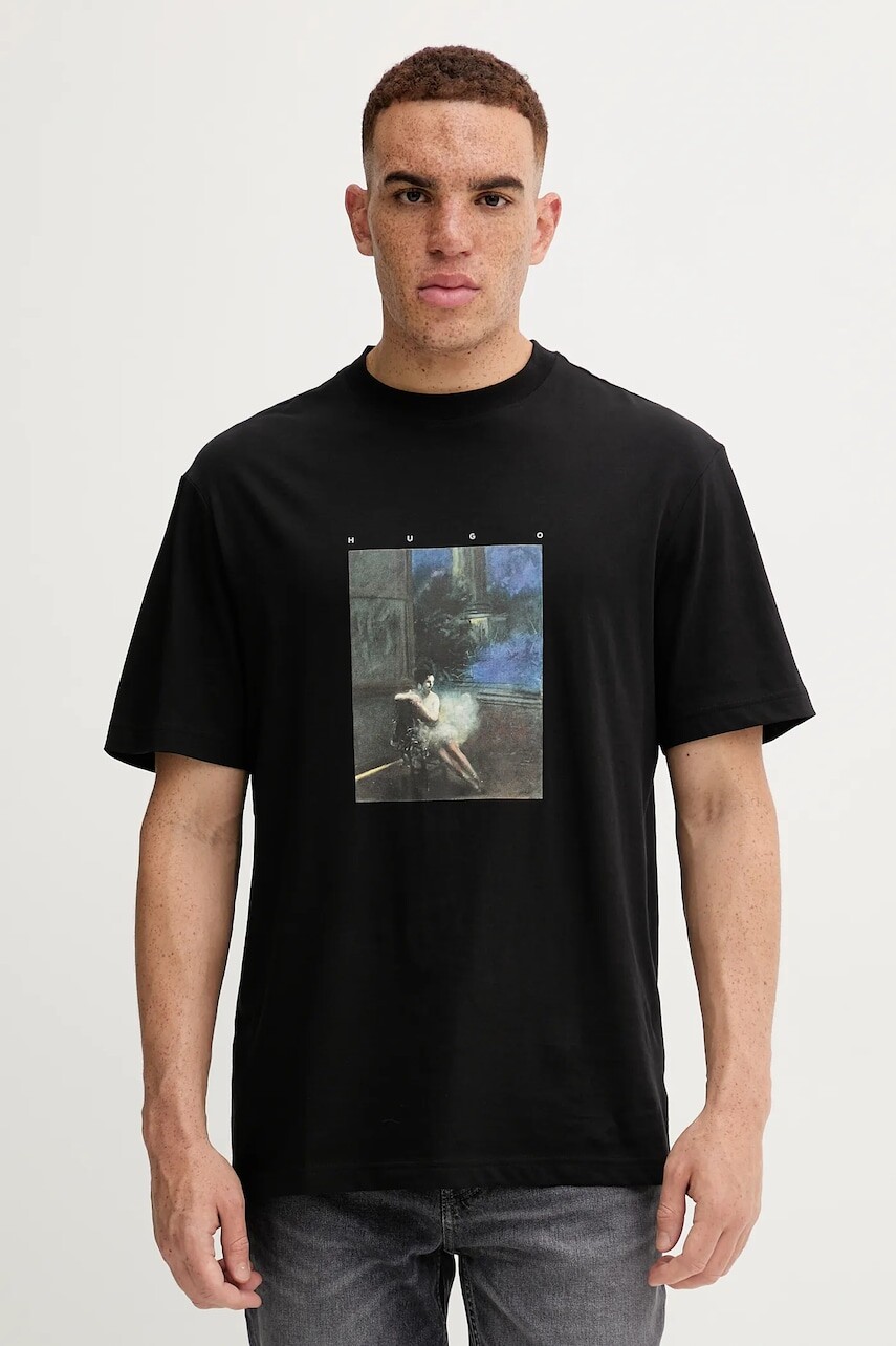 Bavlnené tričko HUGO pánske, čierna farba, s potlačou, 50545995