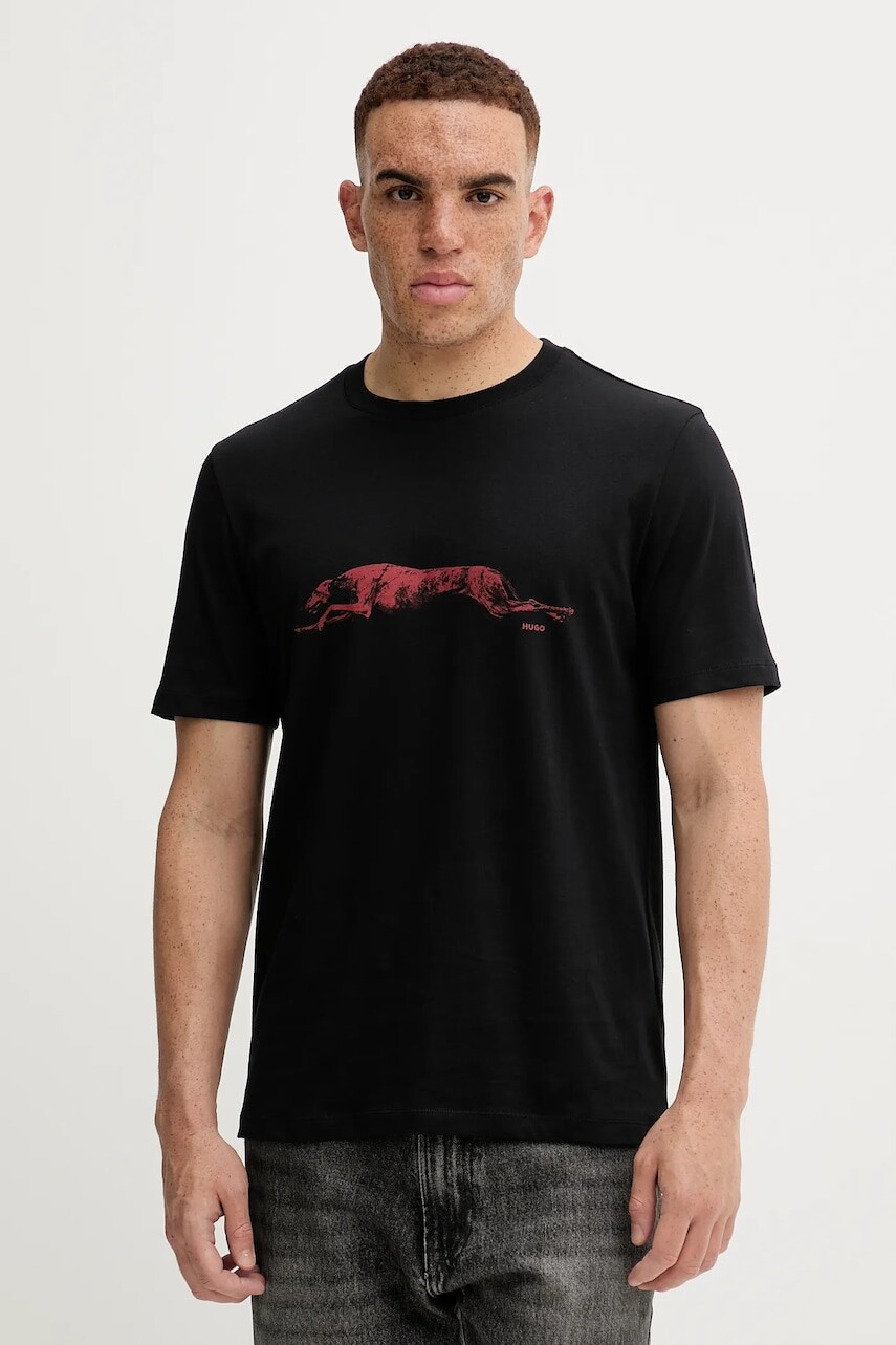 Bavlnené tričko HUGO pánske, čierna farba, s potlačou, 50548557