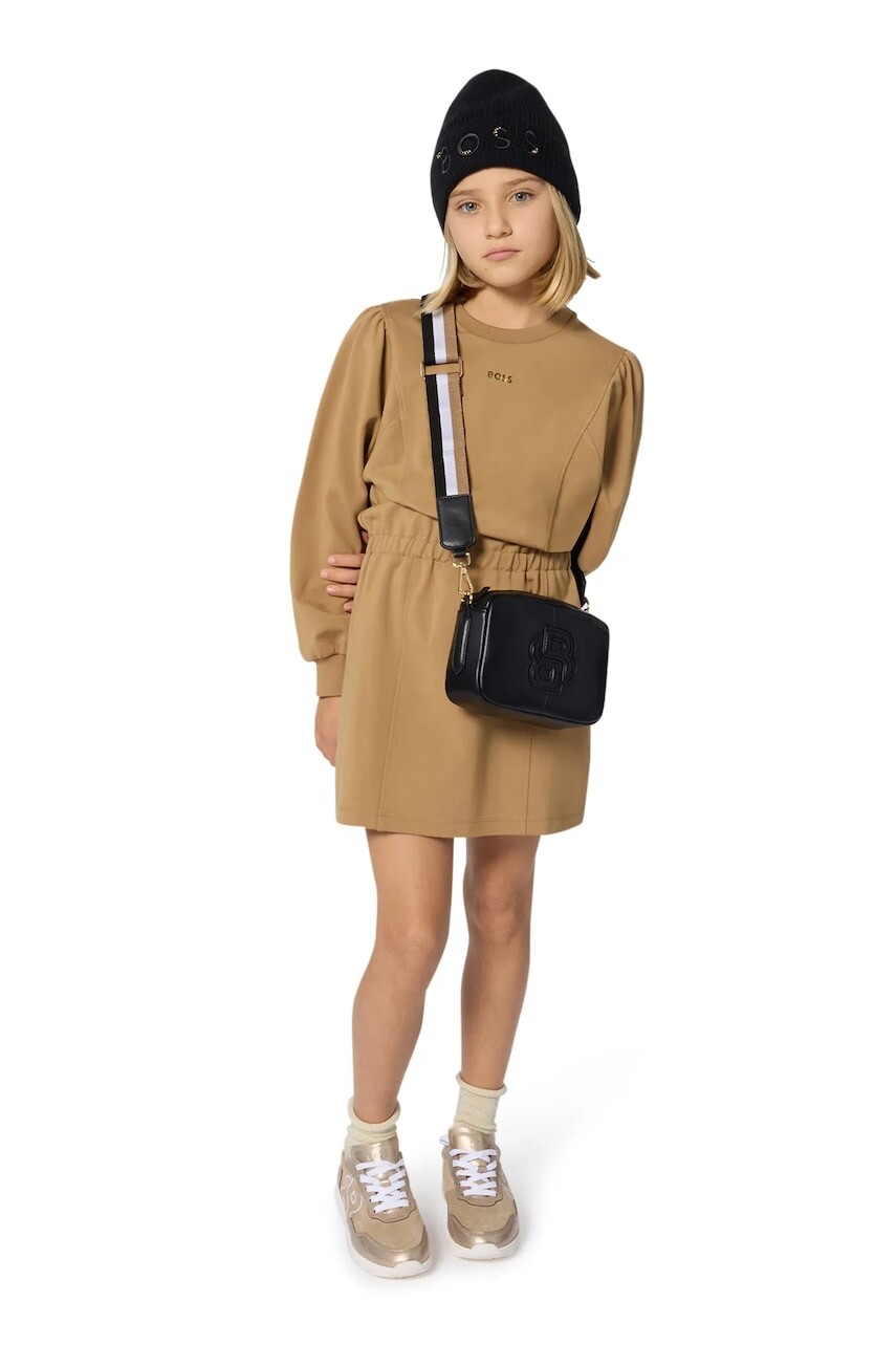 Dievčenské šaty BOSS hnedá farba, mini, rovný strih, J52405