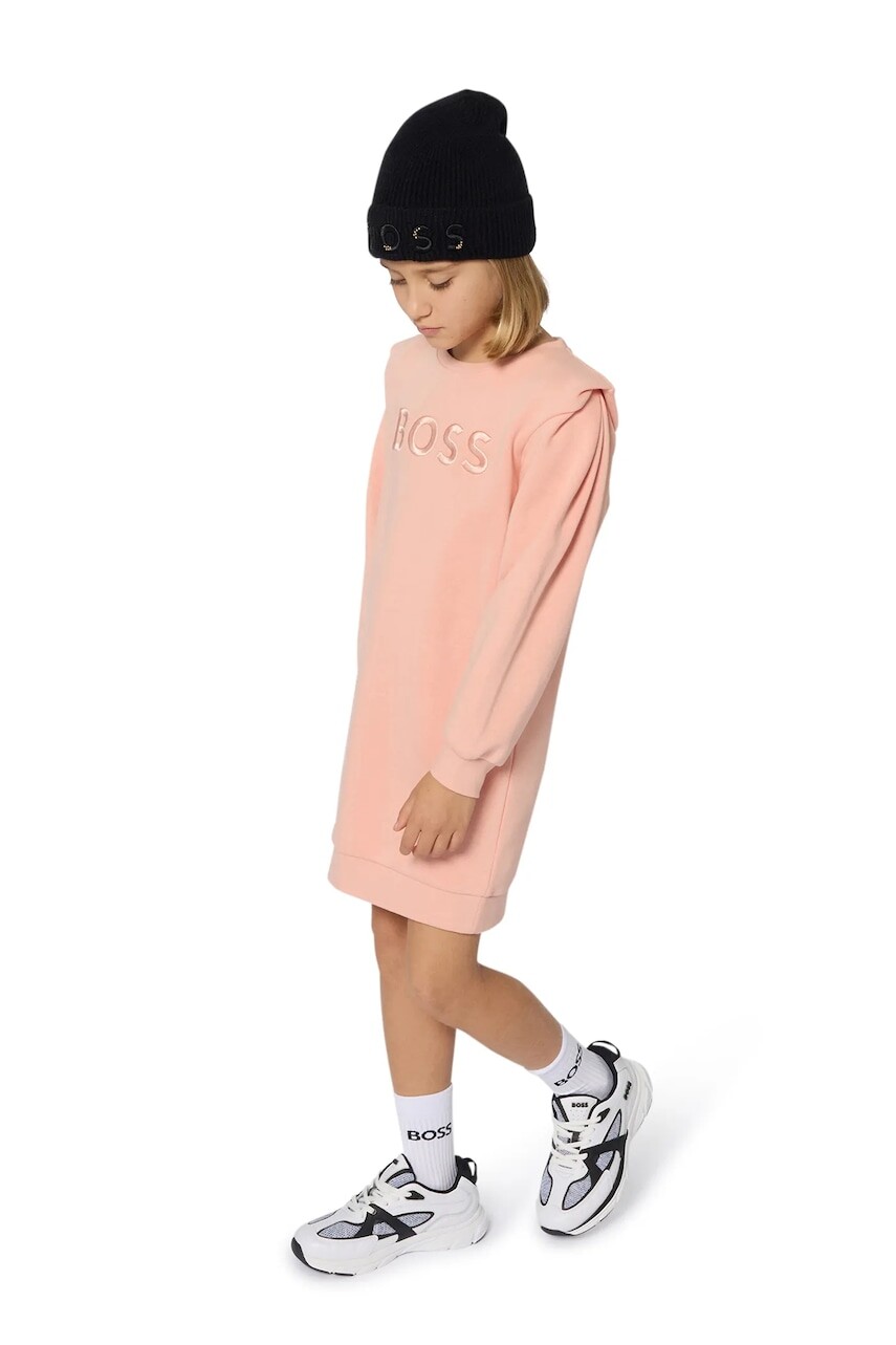 Detské bavlnené šaty BOSS oranžová farba, mini, rovný strih, J52409