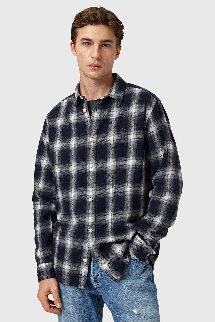 Bavlnená košeľa AllSaints HAVEN tmavomodrá farba, voľný strih, s klasickým golierom, M051SD